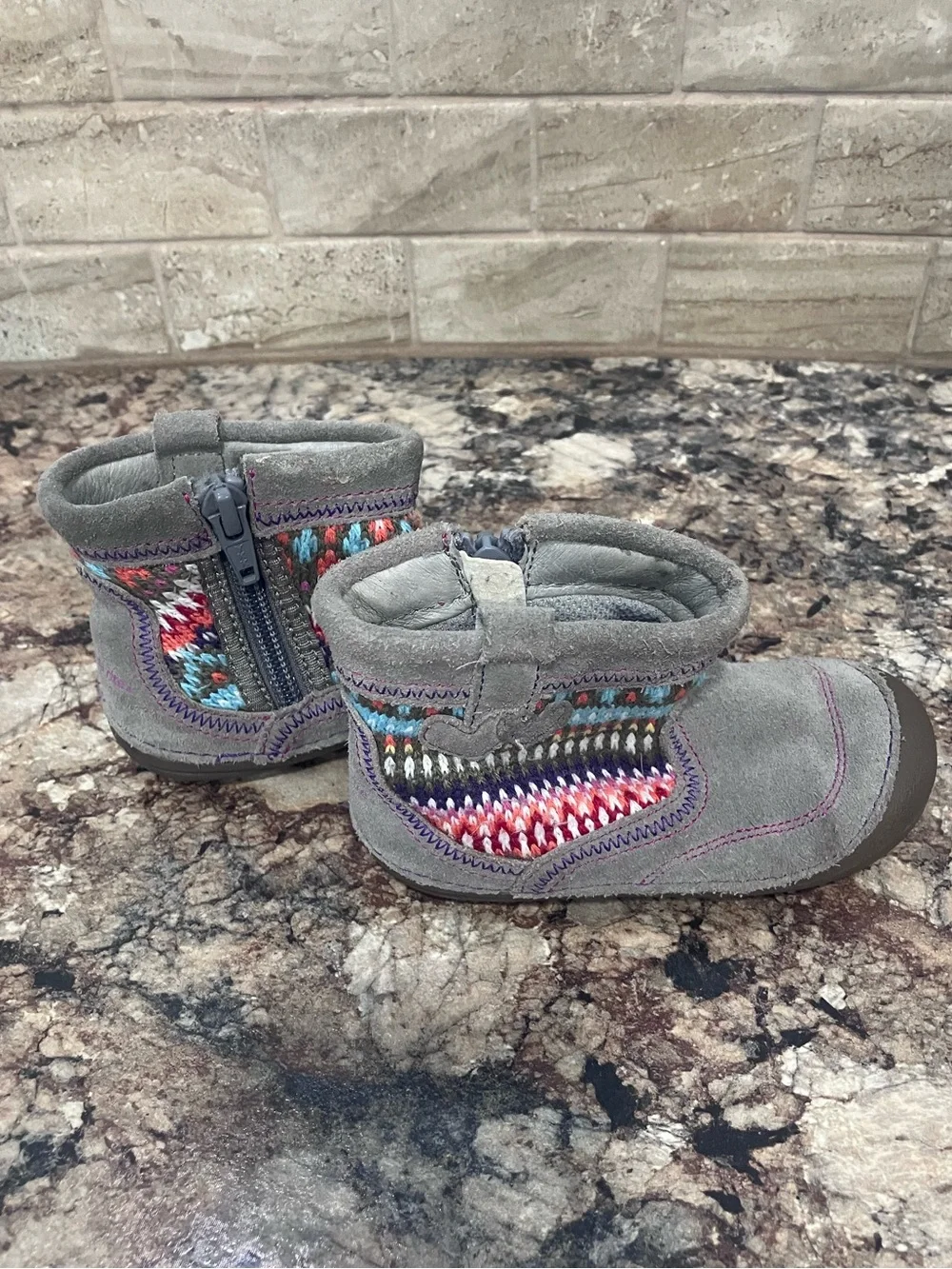 Stride Rite Gray Suede Baby Ankle Boots with Multicolored Knit Cuff